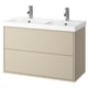 Option: An off-white bathroom vanity with two sinks and two drawers. The vanity has a sleek, modern design with chrome faucets and knobs.