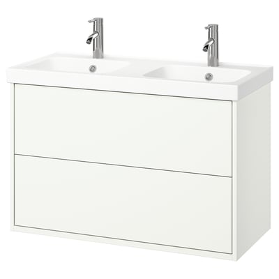 Modern white double sink vanity, wall-mounted with two drawers, sleek design.