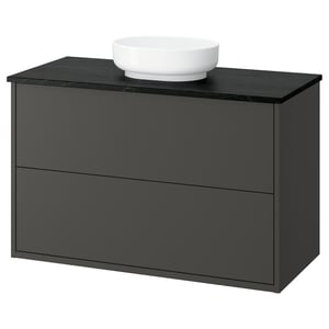 HAVBÄCK bathroom vanity: dark grey, marble top, round sink, two drawers.