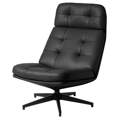 HAVBERG: black leather swivel armchair with tufted back, modern design.