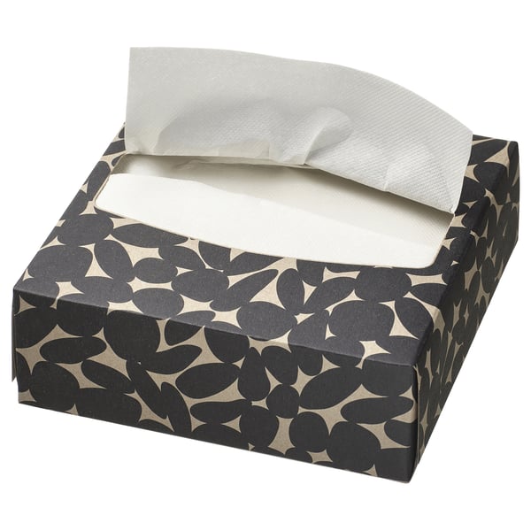 Open box of black & white patterned HAVSKUSE tissues. Square, recycled paper. Top flap open, tissues visible.