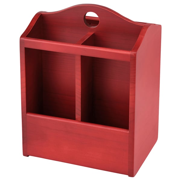Red wooden knife block, three compartments, durable and gentle on knives, perfect for kitchen organization.
