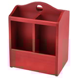 Red wooden knife block, three compartments, durable and gentle on knives, perfect for kitchen organization.