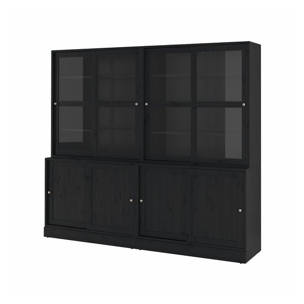 Black HAVSTA storage unit with glass doors, solid pine, classic design.