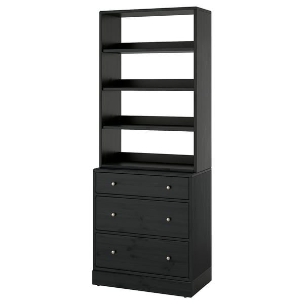 Black HAVSTA shelving unit with three drawers, scandinavian design, solid pine and fiberboard, soft-closing drawers.