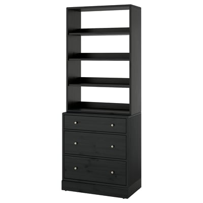 Black HAVSTA shelving unit with three drawers, scandinavian design, solid pine and fiberboard, soft-closing drawers.