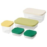 This image shows HAVSTOBIS glass containers with colorful silicone lids.