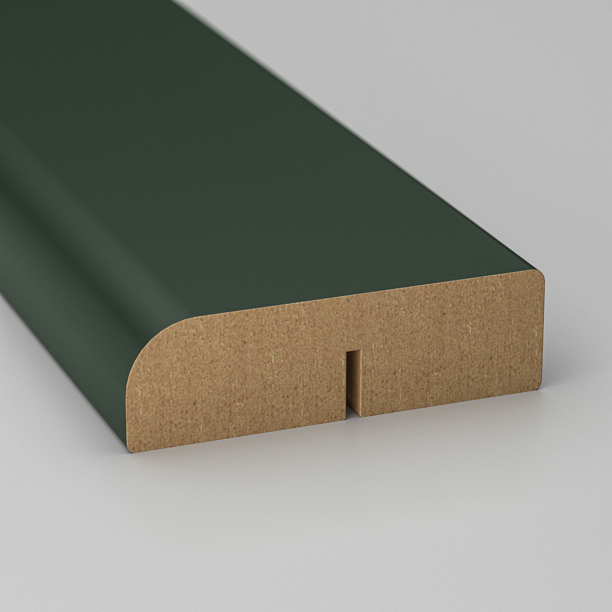 Dark green kitchen cabinet trim, smooth finish, sturdy build quality.