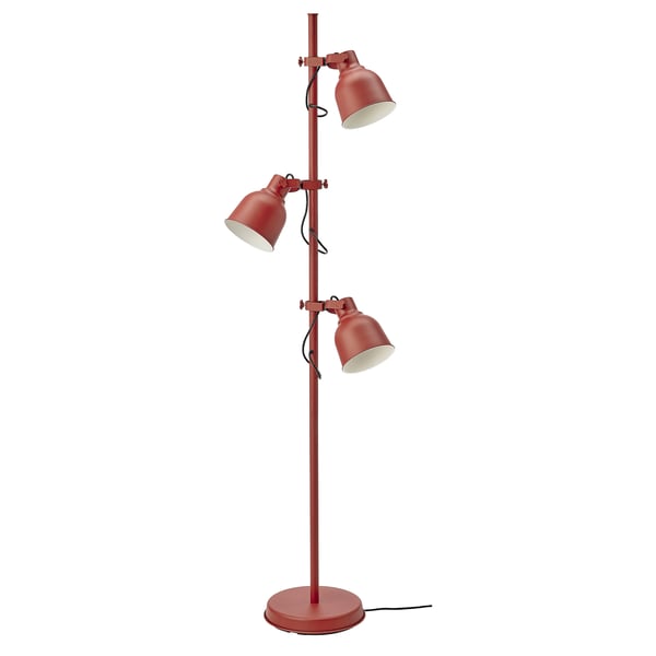 A red HEKTAR floor lamp with three adjustable, directed shades.