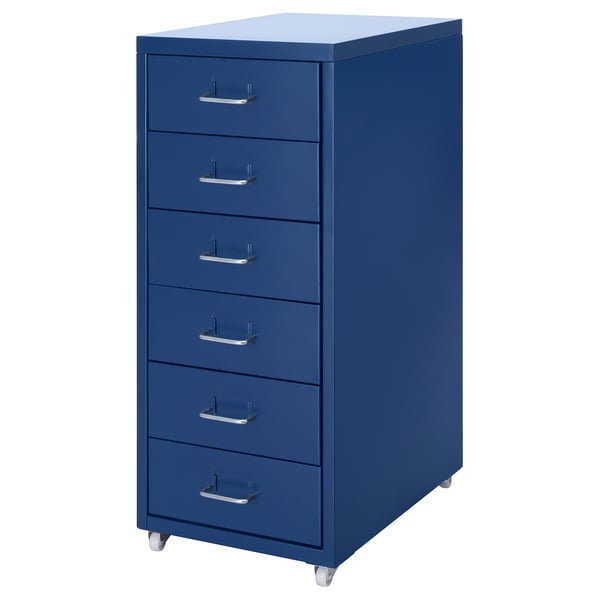 HELMER blue filing cabinet, metal, rectangular, five drawer unit, wheels.