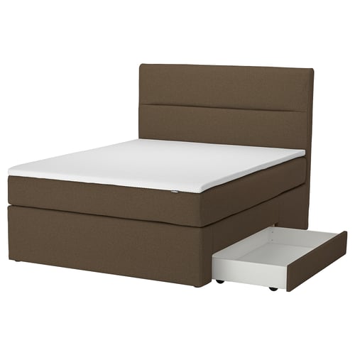 Brown fabric bed with storage drawers, upholstered headboard, white mattress.