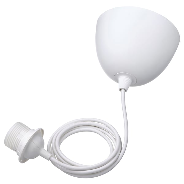 White HEMMA pendant lamp with round shade, cord, and ceiling cup.