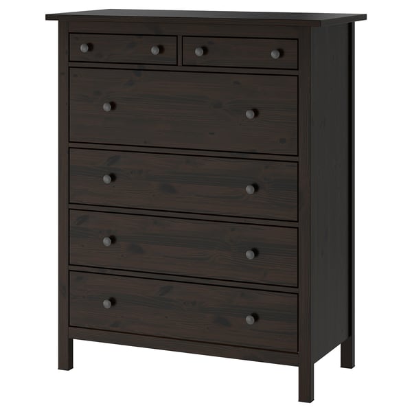 A dark brown HEMNES wooden chest of drawers with six drawers, featuring a classic and minimalist design.