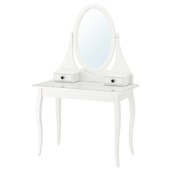 HEMNES white vanity: glass top, 2 drawers, oval mirror, curved legs.