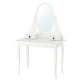 HEMNES white vanity: glass top, 2 drawers, oval mirror, curved legs.