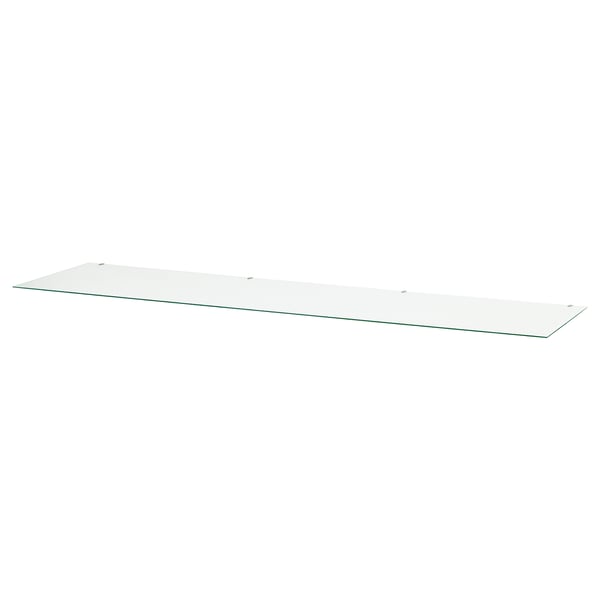 Clear glass table top, simple rectangle shape, smooth surface.