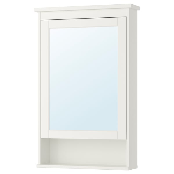 A white HEMNES mirror cabinet with a rectangular shape, framed in white, and featuring a tempered glass shelf.