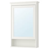 A white HEMNES mirror cabinet with a rectangular shape, framed in white, and featuring a tempered glass shelf.