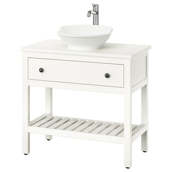 White HEMNES bathroom vanity, single ceramic basin, chrome faucet, wooden drawer.