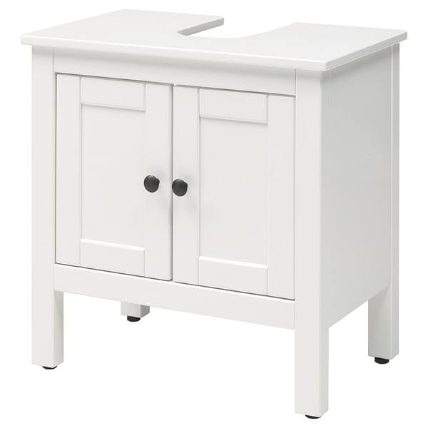 Ikea HEMNES white under sink cabinet, rectangular shape, two doors with black knobs.