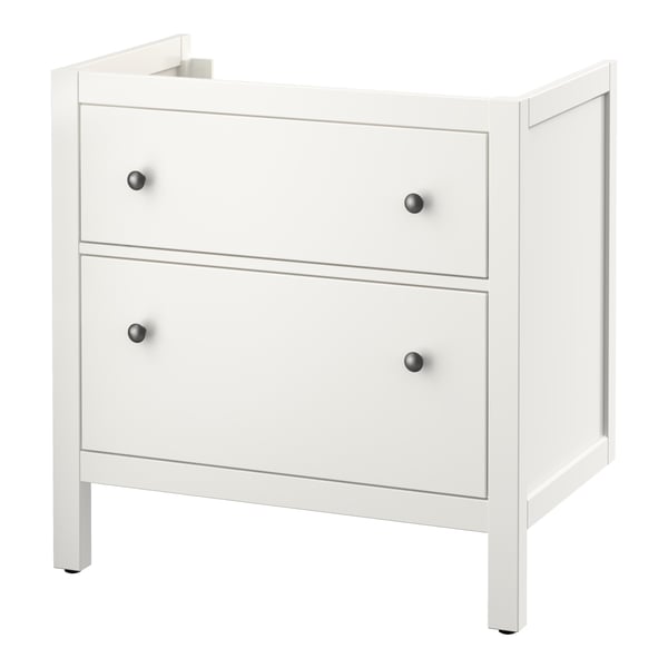 An ikea HEMNES white bathroom cabinet with two drawers and a sleek, modern design. It smooth-running drawers with metal knobs.