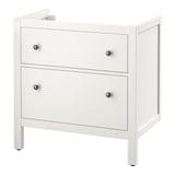An ikea HEMNES white bathroom cabinet with two drawers and a sleek, modern design. It smooth-running drawers with metal knobs.