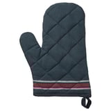 Dark blue oven mitt, quilted design, red and white stripe detail, rectangular shape.