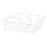 A white HJÄLPA wire mesh basket. It is rectangular with a grid design, ideal for storage, and made of steel coated with epoxy.