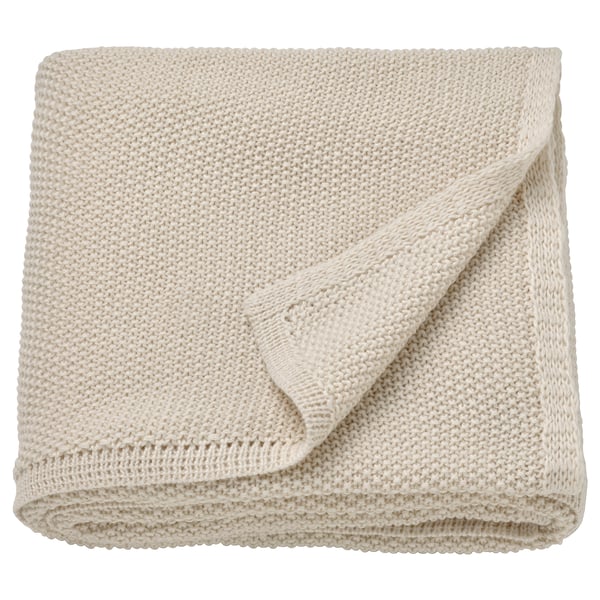 Off-white HUMLEMOTT recycled polyester knit throw blanket with soft texture.