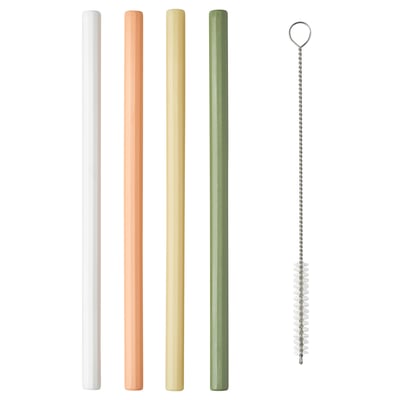 Colourful reusable plastic straws & cleaning brush. White, orange, yellow, green. Straight design.