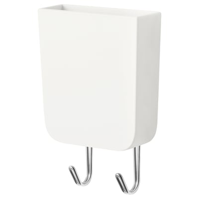 A white HUNDKOJA magnetic organizer with hooks used for holding small items and tools. It has a rectangular design with two metal hooks.