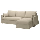 This image a beige HYLTARP sectional sofa with a left-side chaise and plush cushions, designed for comfort and styling.