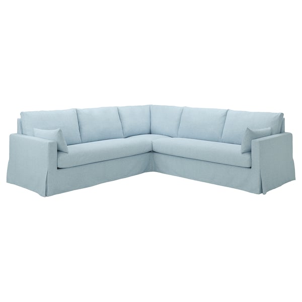 Light blue corner sofa, soft recycled fabric, modern design.