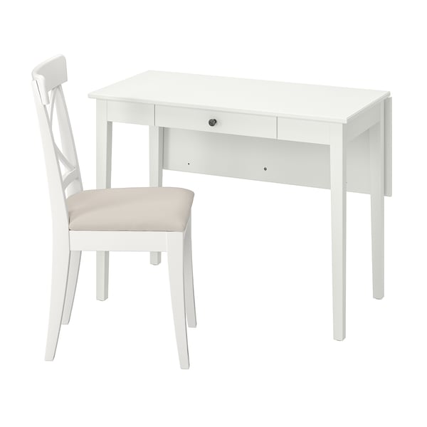 White IDANÄS writing desk with chair, wooden, rectangular, clean design.