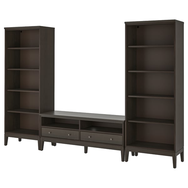 IDANÄS black shelves and tv stand combo with dark wood finish, featuring multiple open and drawer storage, and sleek design.