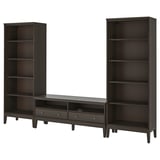 IDANÄS black shelves and tv stand combo with dark wood finish, featuring multiple open and drawer storage, and sleek design.