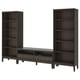 Option: IDANÄS black shelves and tv stand combo with dark wood finish, featuring multiple open and drawer storage, and sleek design.