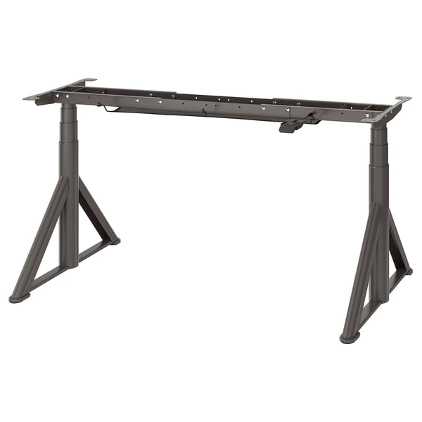 A black IDÅSEN adjustable desk base in triangular shape with extendable height.