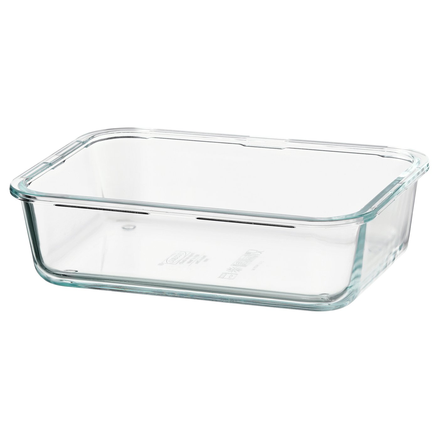 IKEA 365+ clear glass food container, square shape, transparent with no lid.
