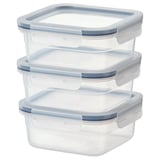 Three clear stackable plastic food containers with blue lids and snap locks, designed for storage and transportation.