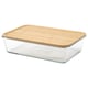 IKEA 365+ glass rectangular container with bamboo lid. Clear, rectangular, multi-use food storage, fridge-safe, with natural bamboo lid.