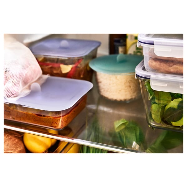 IKEA 365+ glass food containers with silicone lids, storing meals in fridge.