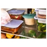 IKEA 365+ glass food containers with silicone lids, storing meals in fridge.