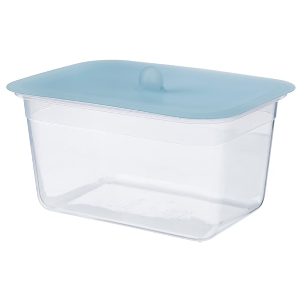 IKEA 365+ clear plastic food container with blue lid. Rectangular shape, transparent body, silicone rubber lid.