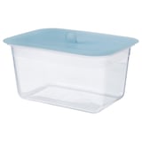 IKEA 365+ clear plastic food container with blue lid. Rectangular shape, transparent body, silicone rubber lid.