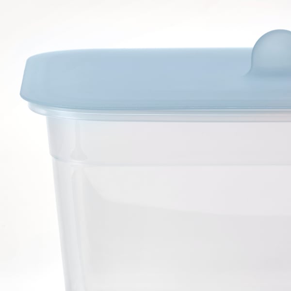 Clear plastic container with a blue silicone lid, designed for food storage.