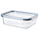 Option: A clear, rectangular IKEA 365+ food container with a blue, leak-proof lid, made of durable plastic, perfect for transporting and storing food.