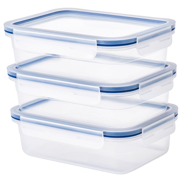 Three clear plastic food containers with blue lids stacked neatly. Rectangular shape, durable and stackable.
