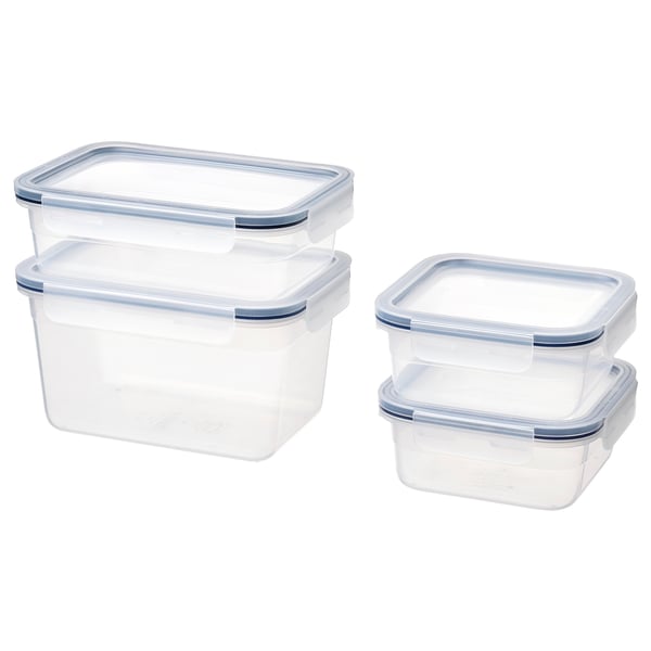 IKEA 365+ clear plastic food containers with blue lids, stackable, leak-proof.