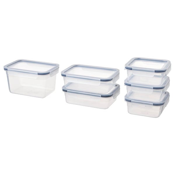 Six transparent rectangular ikea food containers with blue lids, stacked neatly in two piles of three.